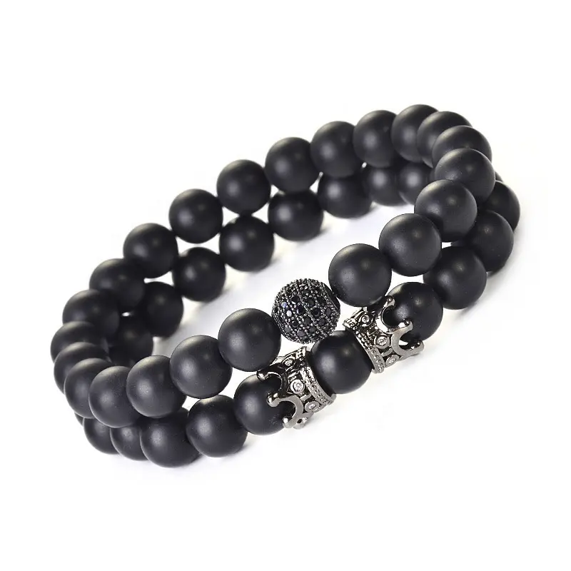 Micro Pave Jewelry Stone Gemstone Black Lava Rock Crown Bracelet Set