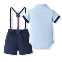 Catpapa - Conjunto de 3 piezas para bebé niño: Body con ribete, pantalón corto con tirantes azul marino y pajarita - Traje de caballero para bautizo o fiesta