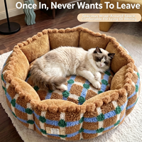 Coussin pour chat chaud automne-hiver, rétro, en peluche à carreaux, rond, en polaire Sherpa, rembourrage en coton PP, amovible et lavable