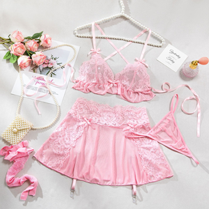 Nuevo producto, conjunto de lencería Sexy de tres piezas para niña, costura de encaje, liguero femenino, decoración bordada, método de tejido de <span class=keywords><strong>ganchillo</strong></span> - Product Image 2
