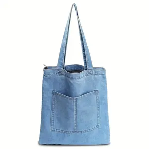 Logotipo personalizado Mulheres Ombro Jean Pano Tote Bags Denim Tote Bag com zíper