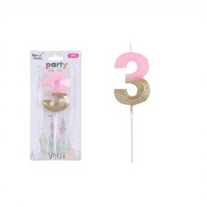 Grande Candela Rosa Numero 3 con Glitter Dorato per Feste, Pasqua, Capodanno, Marca Peiyong Modello 60268 - Product Image 1