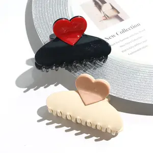 Garra de acetato de cabelo em forma de coração, coreano, amor vermelho, para mulheres, preto e branco, acessórios de garra