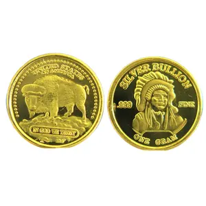Custom Souvenir Coin 1 Gram Gold Plated Pure Silver Buffalo Indian Round B2