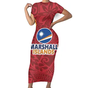 New Red Polynesian Marshall Island Women's Summer Casual Lounge Long Dress Elegant Short Sleeve Crew Neck Bodycon Maxi Dresses