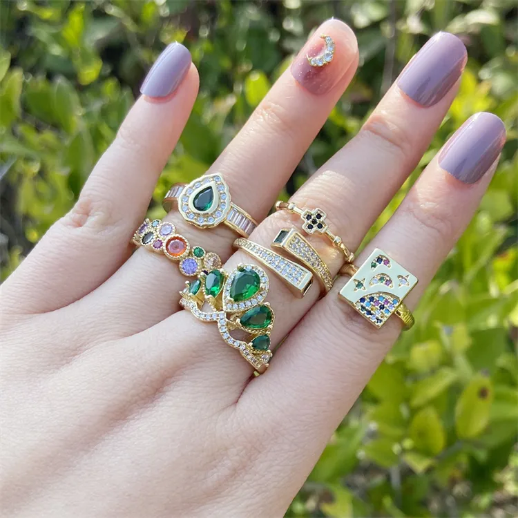 Moda corona gota de agua estrella y Luna anillos conjunto personalidad 18K chapado en oro diamante abierto anillos ajustables para mujeres