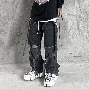 Trendy Vintage Streetwear Denim Baggy Patchwork 2 In 1 Pants And Jorts Washed Men Jeans Short