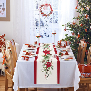 Runner da Tavola Rosso Natalizio con Rami di Pino, Bacche Rosse e Pigne, Decorazione per <span class=keywords><strong>Cucina</strong></span>, Sala da Pranzo, Casa e Feste - Product Image 2