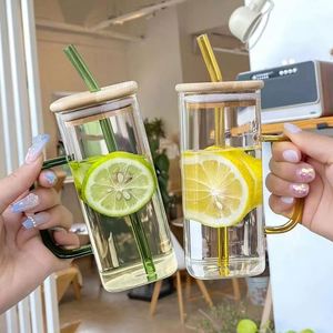 Vasos de Vidrio con Tapas de Bambú y Pajitas de Vidrio, Vasos de Vidrio en Forma de Lata de 14 oz, Vasos para Café Helado, Vasos para Cerveza - Product Image 1