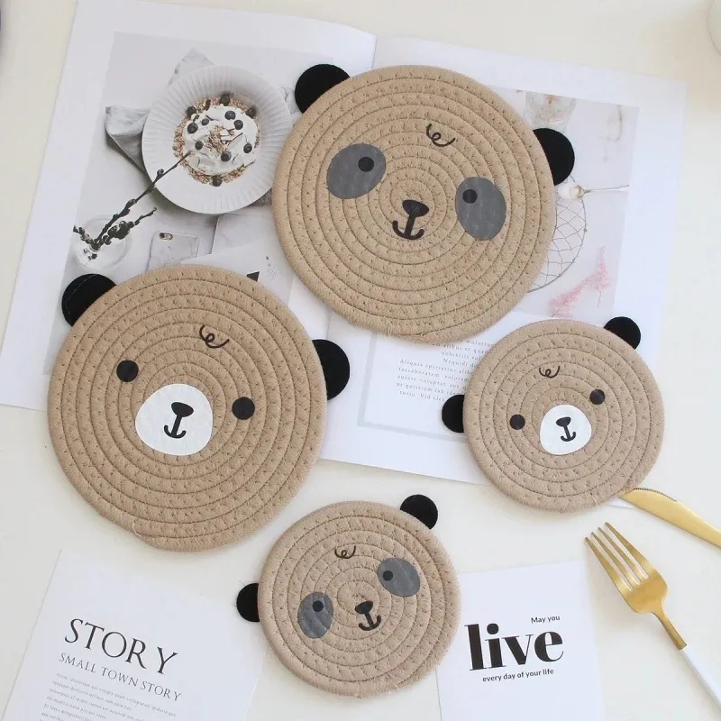 Cute Bear Placemat Woven Cotton Rope Table Mats Creative Coasters Cup Bowl Insulation Pads Table Decor Kitchen Accessories