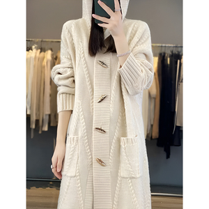 Guoou Inner Mongolia Wool Mid <strong>Long</strong> Cashmere Sweater Cable <strong>Cardigan</strong> <strong>Hooded</strong> <strong>Cardigan</strong> <strong>Women</strong> - Product Image 4