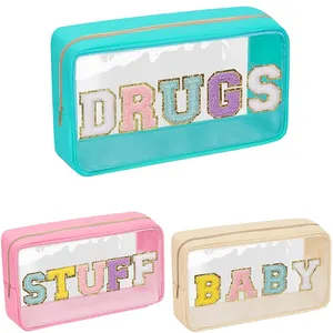SUN CLOVER NEW High Quality Durable clear PVC Cosmetic bag Gold Zipper DIY Letters Patch Waterproof Transparent Makeup Bag