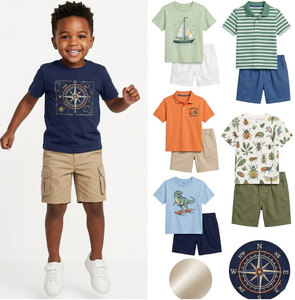 Lot en gros de vêtements d'été pour enfants à prix réduit, styles variés, envoi aléatoire : T-shirts, chemises, débardeurs, shorts, ensembles et tenues pour enfants - Product Image 1