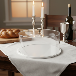 Moderne Transparente Acryl-Kuchenhaube mit Weißem Sockel Luxuriöser Staubdichter Lebensmittel-Schutzbehälter zur Präsentation von Brot, Desserts & Shabbat-Mahlzeiten - Product Image 1
