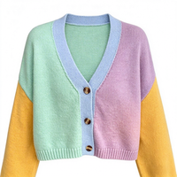 Cardigan en tricot color block pour femme, col en V, manches longues, boutonné, pull décontracté multicolore patchwork