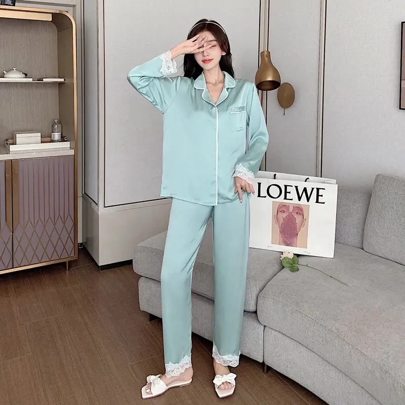 2021 оптовая продажа с фабрики, Дамская пижама, кружевная однотонная Пижама, женские штаны с длинными рукавами, домашний комплект из ледяного шелка