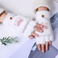 Gants mi-doigts imperméables et chauds pour femme, collection automne/hiver, motif griffe mignonne, en velours long, style coréen, dessin animé, couleur unie, pour usage quotidien