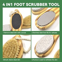 Brosse de bain en bambou 4-en-1 MD Natural avec brosse exfoliante pour le dos, lime à pieds, pierre ponce et corde de suspension à long manche