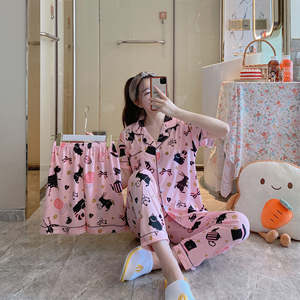 Importation coréenne 3 pièces ensemble manches courtes printemps vêtements de nuit taille élastique Baju Tidur Daster Pijama pour <span class=keywords><strong>femmes</strong></span> vie quotidienne Style tissé - Product Image 3