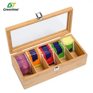Reusable Bamboo 5 Compartments Tea Storage Boxes Wood Tea Bag Organizer With Transparent Acrylic Lid