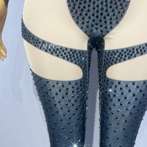 Combinaison de danse du ventre pour femmes avec strass brillants, manches longues, en spandex/nylon, ensembles pour costume de soirée - Product Image 5