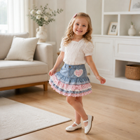 Jupe en jean à volants superposés pour filles, motif cœur, à carreaux, avec nœud et dentelle, pour anniversaire d'enfant, 2-7 ans, personnalisable OEM ODM – Un incontournable !