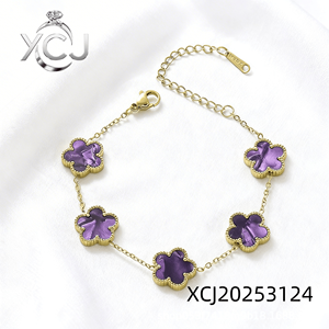 Bracciali Trendy in Acciaio Inossidabile Placcati Oro 18k, Antiossidanti, con Catena Regolabile e Quadrifoglio <span class=keywords><strong>Portafortuna</strong></span> in Pietra Naturale, Regalo per Donna - Product Image 4