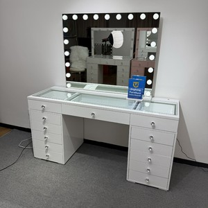 White Wooden Makeup Vanity <strong>Table</strong> with LED <strong>Hollywood</strong> <strong>Mirror</strong>, Multi Drawer <strong>Dressing</strong> <strong>Table</strong> for Bedroom - Product Image 2