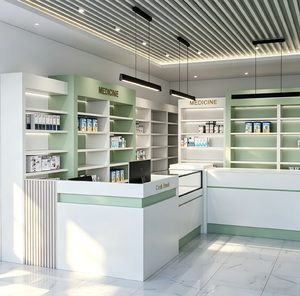 Étagères sur mesure en bois et aluminium pour l'aménagement de pharmacies, écologiques, avec éclairage LED intégré, sécurisées et hygiéniques - Product Image 1