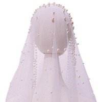 Voile de mariée cathédrale romantique blanc/ivoire W073001 à une couche avec perles et accessoire de tête