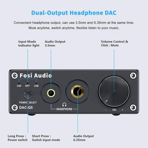 Convertidor <span class=keywords><strong>DAC</strong></span> Fosi Audio Q5, Adaptador USB Digital a Analógico, Decodificador ESS9018K2M, Mini Amplificador de Auriculares y Preamplificador Estéreo - Product Image 3