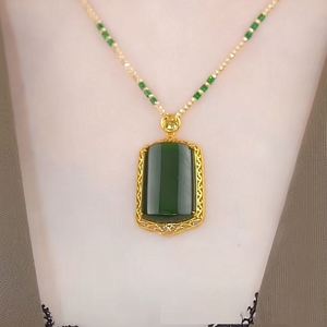 Collar con Colgante de Imitación de Jade Agata Estilo Chino, Colgante de Jade Verde de Imitación, Cadena para Clavícula para Mujer - Product Image 3