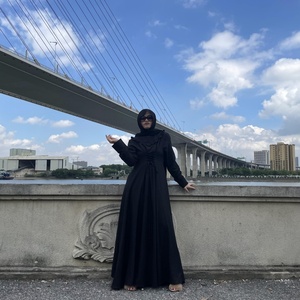 6430# Pleated Round Neck Front Lace up Tunic Large Hem Long Sleeves Elegant Dress Muslim Women Fashion <b>Maxi</b> Dresses Abayas - Product Image 2