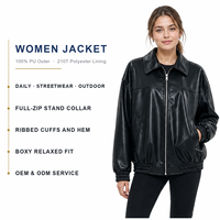 Veste en similicuir PU noir pour femme, col zippé, poches latérales, coupe ample, manches longues, style streetwear, manteau d'extérieur, fabrication sur mesure