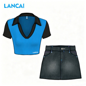 LANCAI Women's Colorblock V-Neck Collar Crop Top and Denim Mini Skirt 2 Piece <b>Set</b> Casual Slim Fit Streetwear Outfit - Product Image 1