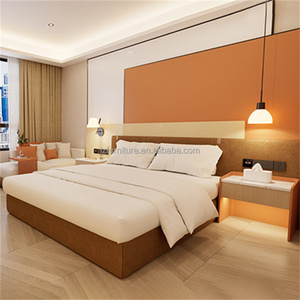 Modern 3 Star Hotel Twin Room Set Wooden MDF Plywood <b>Panel</b> Bed Frame with Upholstered <b>Headboard</b> & Floating Shelf Nightstand - Product Image 4