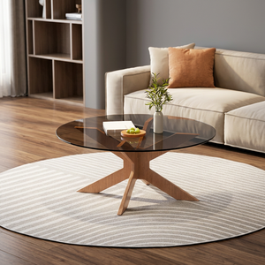 Table basse ronde moderne avec plateau en verre trempé, base en bois, rotative, meubles de salon - Product Image 3
