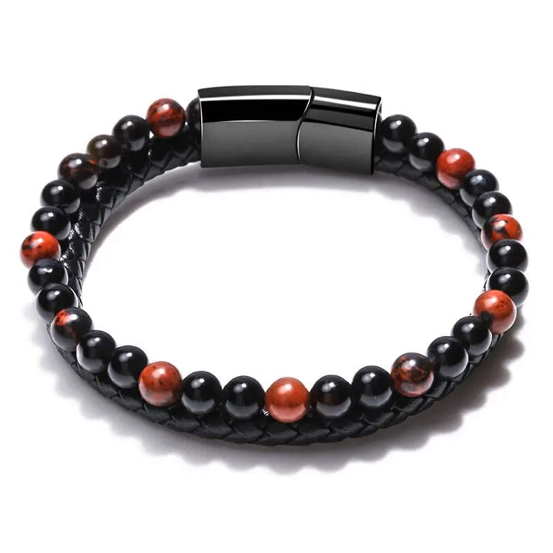 Tiger Eye Black Lava Rock Braided Vintage Genuine Leather Beads Bracelet with Stainless Steel Closure Clasp