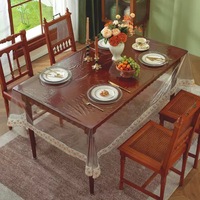 Nappe en PVC transparent avec bordure en dentelle décorative, protection imperméable pour table à manger en bois