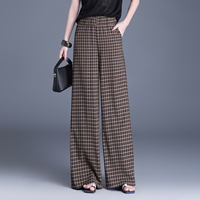 Pantalons pour femmes, taille haute, motif à carreaux, plissés, jambes larges, coupe droite, tissu de haute qualité, fournisseur vérifié