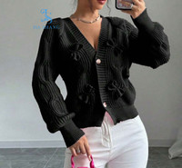 Cárdigan de Punto Elegante para Mujer con Cuello en V y Lazo, Suéter de Manga Larga con Botones y Tejido Acanalado, Jersey Casual de Moda para Otoño e Invierno