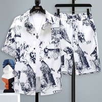 Conjunto de Camisa y Pantalones Cortos de Estilo Vintage para Hombre, Tejido de Punto Transpirable, Estampado, Ropa de Playa para Verano