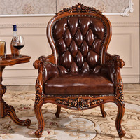 Fauteuil en cuir et bois massif de style européen, idéal pour la maison, le bureau, la chambre, le salon, la salle à manger, l'hôtel, la réception, le balcon, style antique