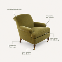 Fauteuil d'appoint anglais avec accoudoirs, pieds en bois massif et roulettes en laiton antique pour salon et hôtel