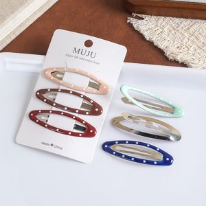 MUJU D411 Lot de 3 pinces à <span class=keywords><strong>cheveux</strong></span> métalliques à pois, ovales, émaillées, 6,5 cm, avec logo personnalisé, carte code-barres, prêtes à la vente au détail, pour enfants, faible MOQ - Product Image 3