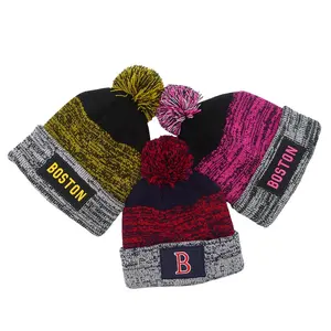 Berretto da polsino da sci morbido lavorato a maglia Jacquard con Logo personalizzato di alta qualità con cappelli invernali Unisex Pom Pom sport caldo Boston City