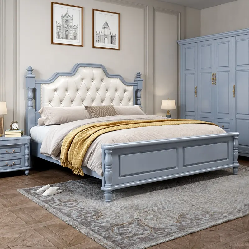 Elegante mobiliario de dormitorio de lujo clásico king size cama moderna Diseños modelos marco de madera camas de madera para adultos