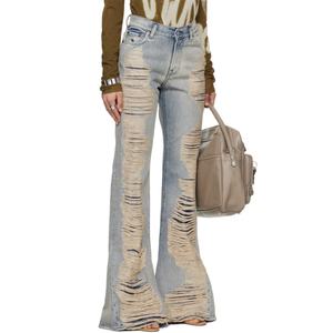 Custom Stylish <b>Flared</b> Denim <b>Jeans</b> Women High Waist Bell Bottom Blue Ripped Distressed <b>Jeans</b> Baggy Denim Bootcut <b>Jeans</b> - Product Image 2
