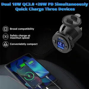Chargeur USB à trois ports 12V/24V, double prise USB 18W QC 3.0 et 20W PD USB-C pour voiture et moto avec voltmètre et interrupteur d'alimentation - Product Image 4