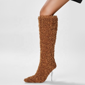 Crystal Heels Women Fur Knee High Boots Pointy Toe Side Zipper Long Booties Wide Feet Size 46 Winter <b>Shoes</b> - Product Image 1